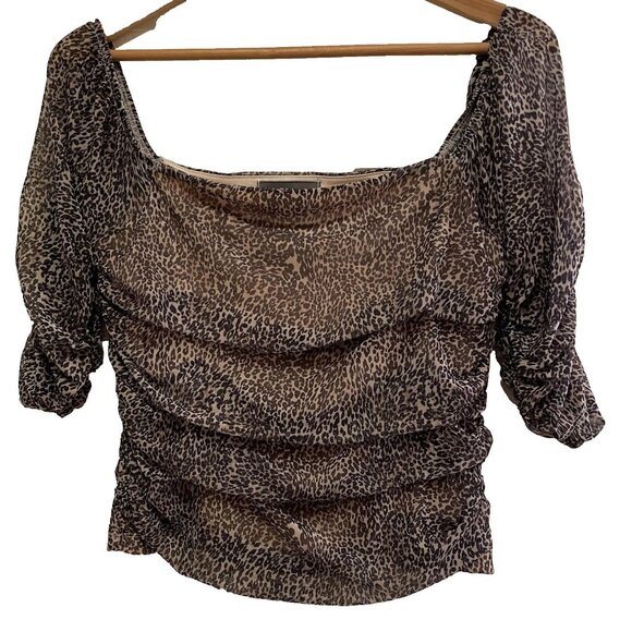 ANTHROPOLOGIE Brown & Cream Leopard Print Off the Shoulder Shirred Mesh … - Picture 4 of 8